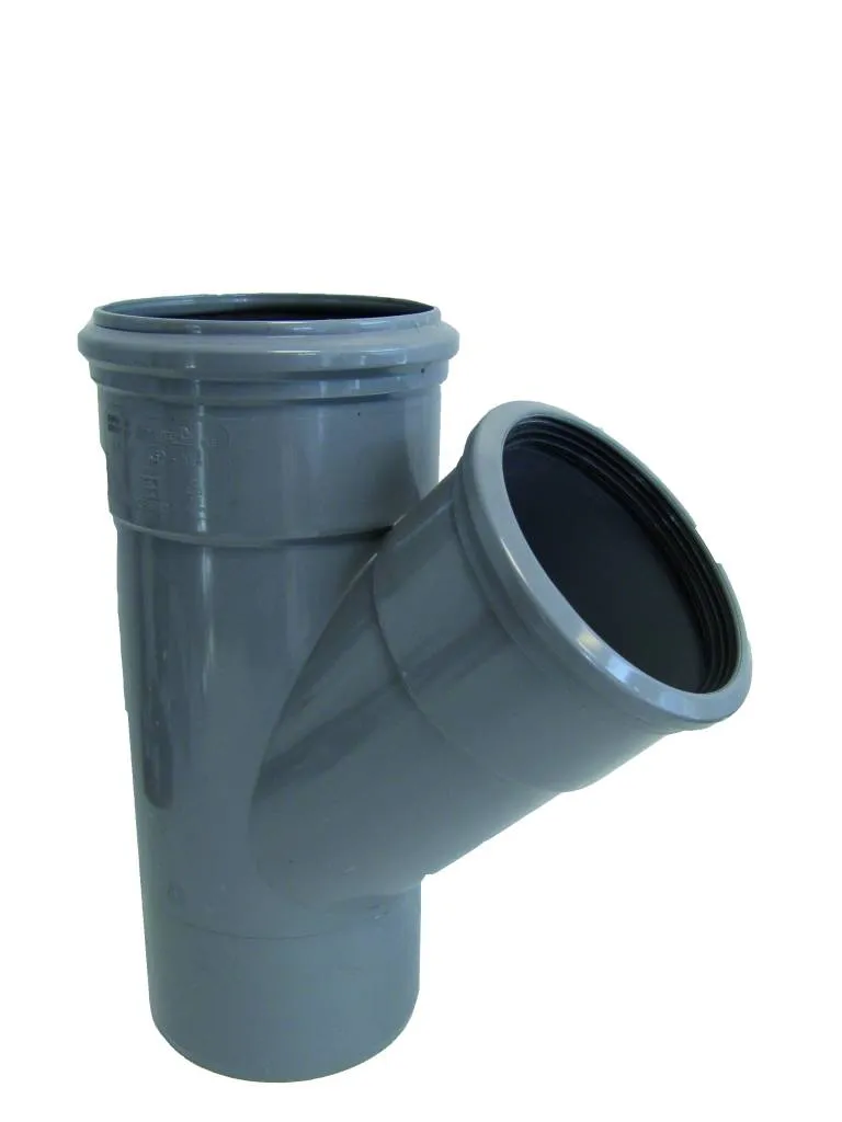 PVC T-stuk 45 graden 160 mm SN4 (2 x manchet/ 1 x spie) PVC T-stuk 45 graden 160 mm SN4 (2 x manchet/ 1 x spie)