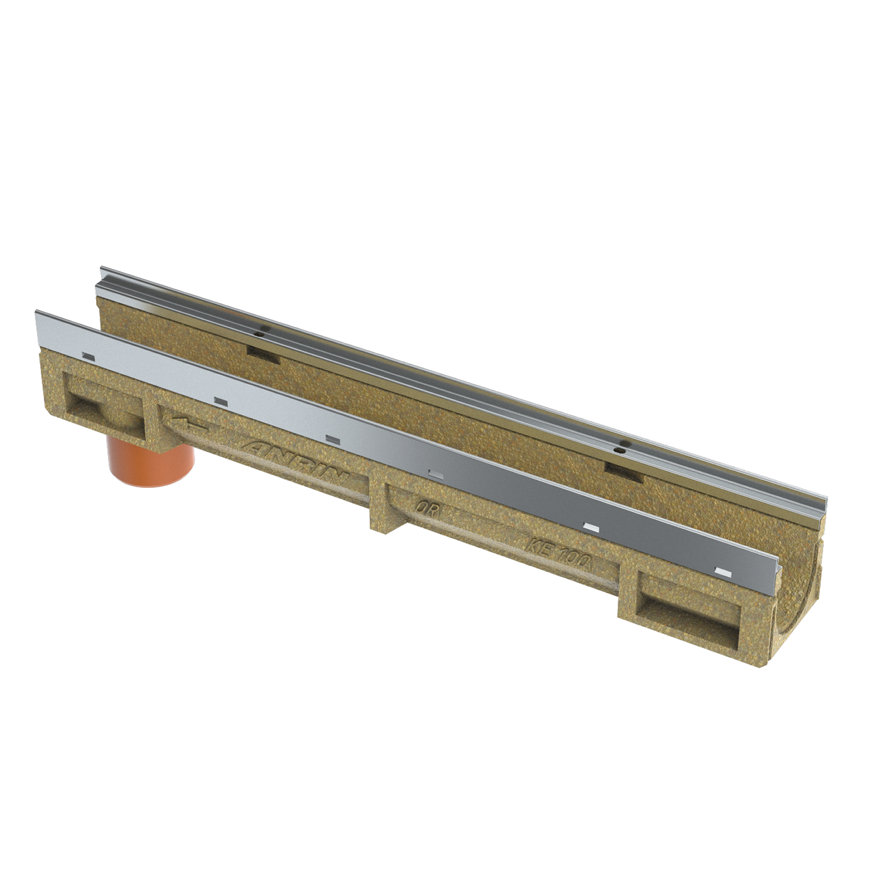 Anrin KE-100 lijngoot, gegalvaniseerde rand, polymeerbeton, zonder rooster 100 x 15 cm met uitloop