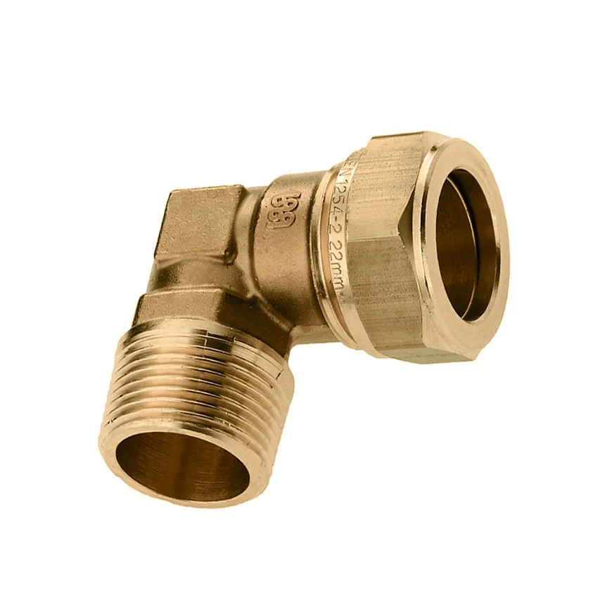 Messing draadknie 90 graden buitendraad x knel, 3/4" x 22 mm Messing draadknie 90 graden buitendraad x knel, 3/4" x 22 mm