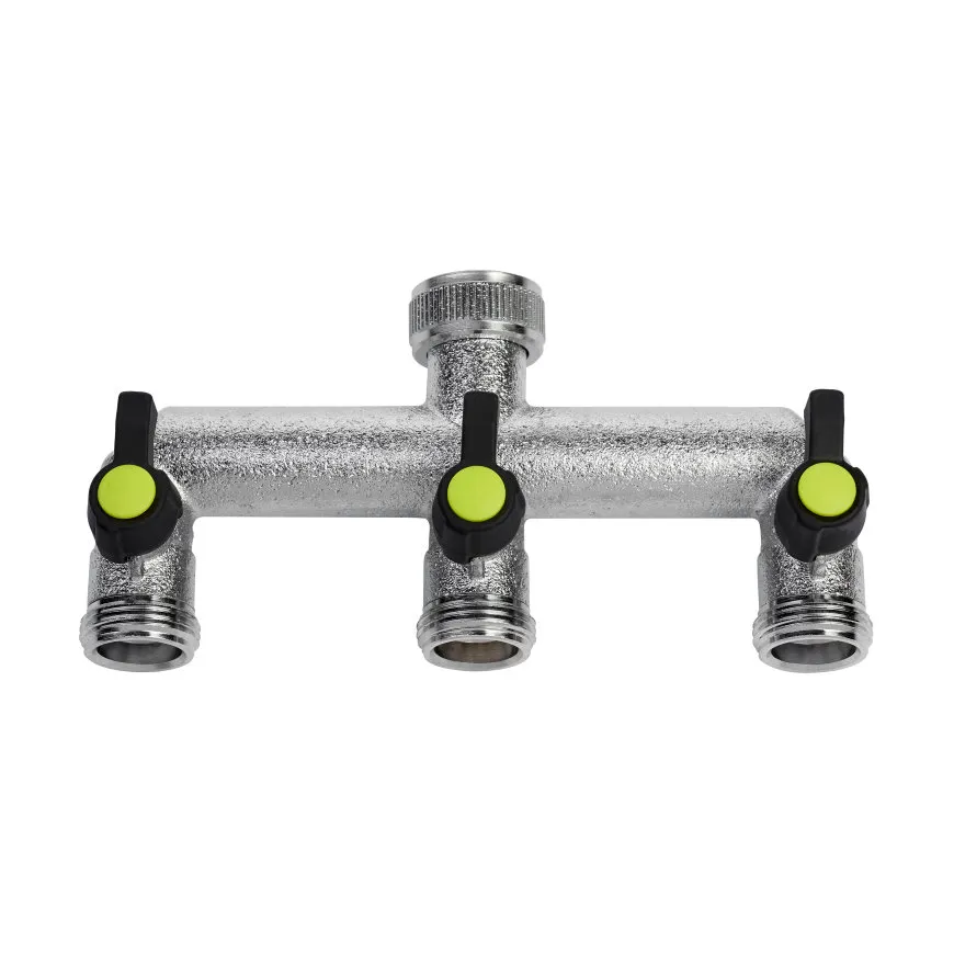 Waterverdeler, messing verchroomd 3 aftakkingen 3/4’’