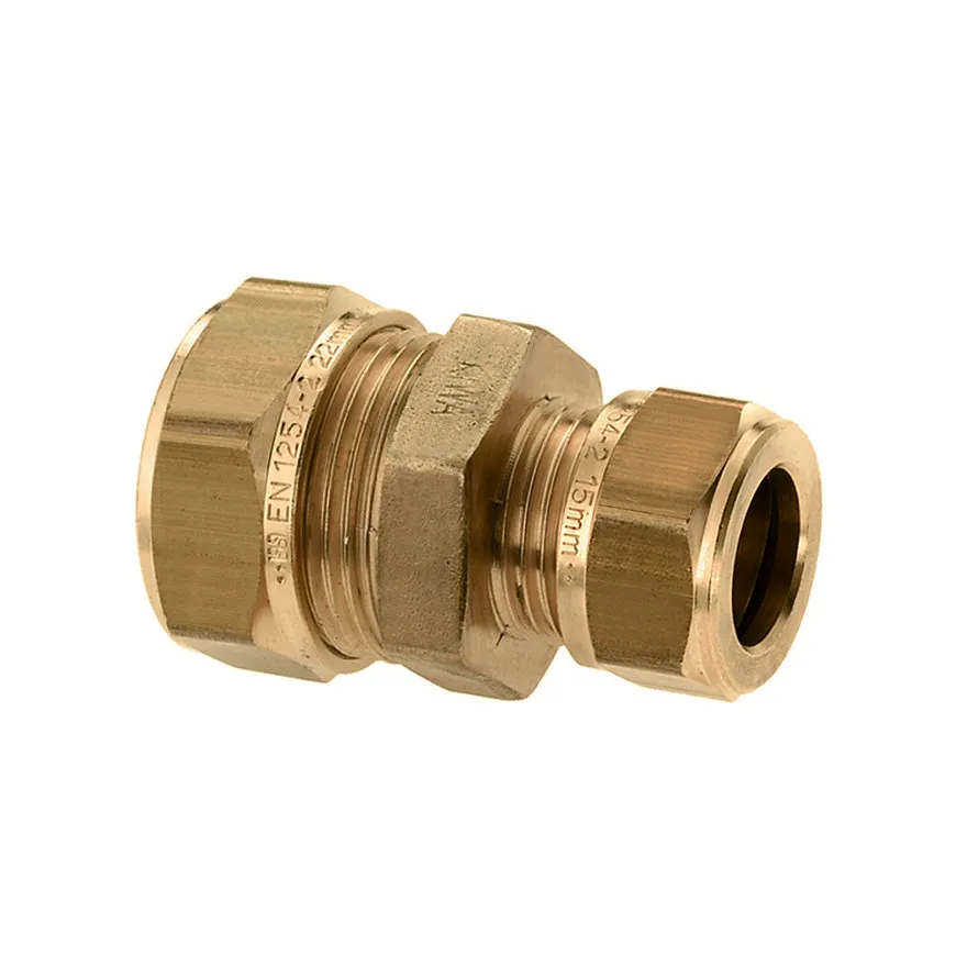 Messing verloopkoppeling 2 x knel, 15 x 12 mm Messing verloopkoppeling 2 x knel, 15 x 12 mm