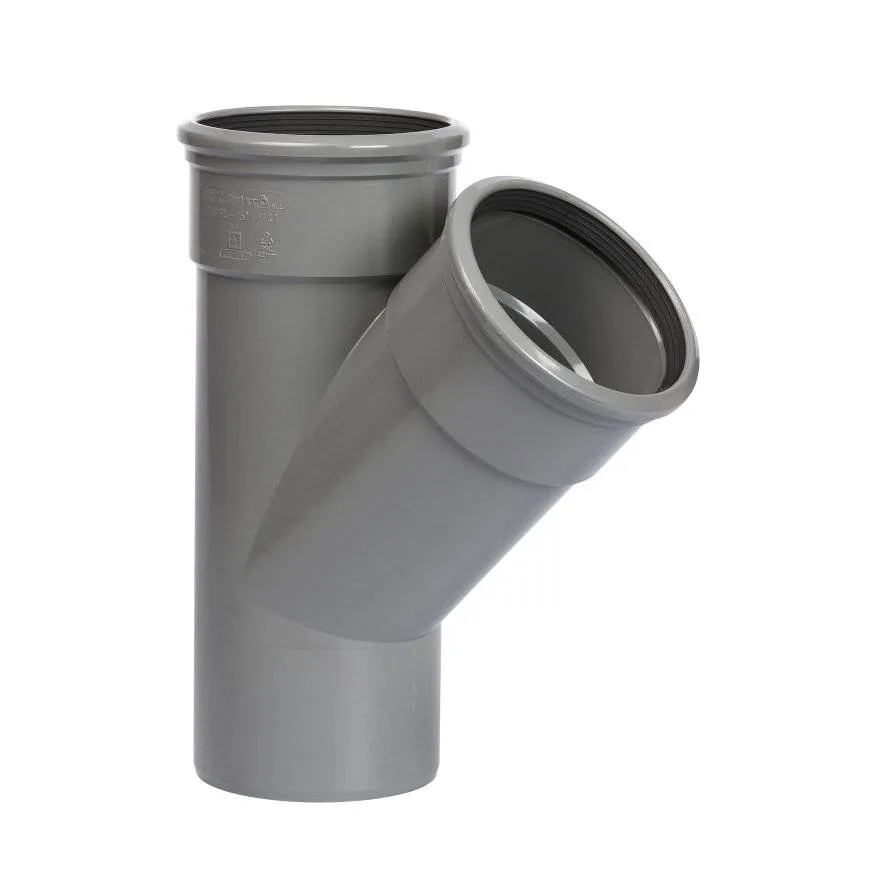 PVC T-stuk 45 graden 125 mm SN8 (2 x manchet/ 1 x spie) PVC T-stuk 45 graden 125 mm SN8 (2 x manchet/ 1 x spie)